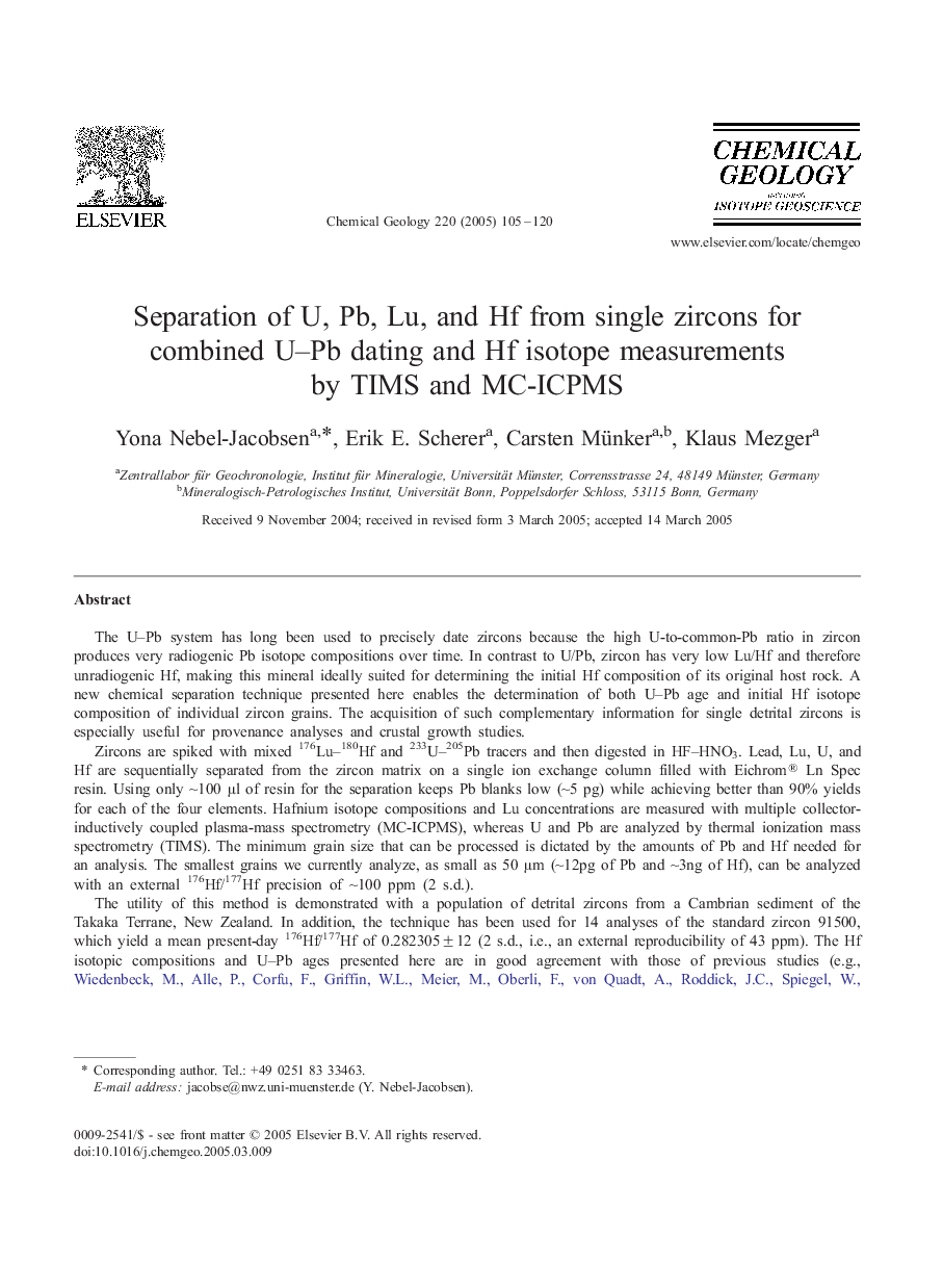 Separation of U, Pb, Lu, and Hf from single zircons for combined U-Pb dating and Hf isotope measurements by TIMS and MC-ICPMS