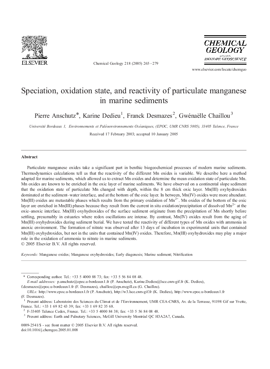 Speciation, oxidation state, and reactivity of particulate manganese in marine sediments