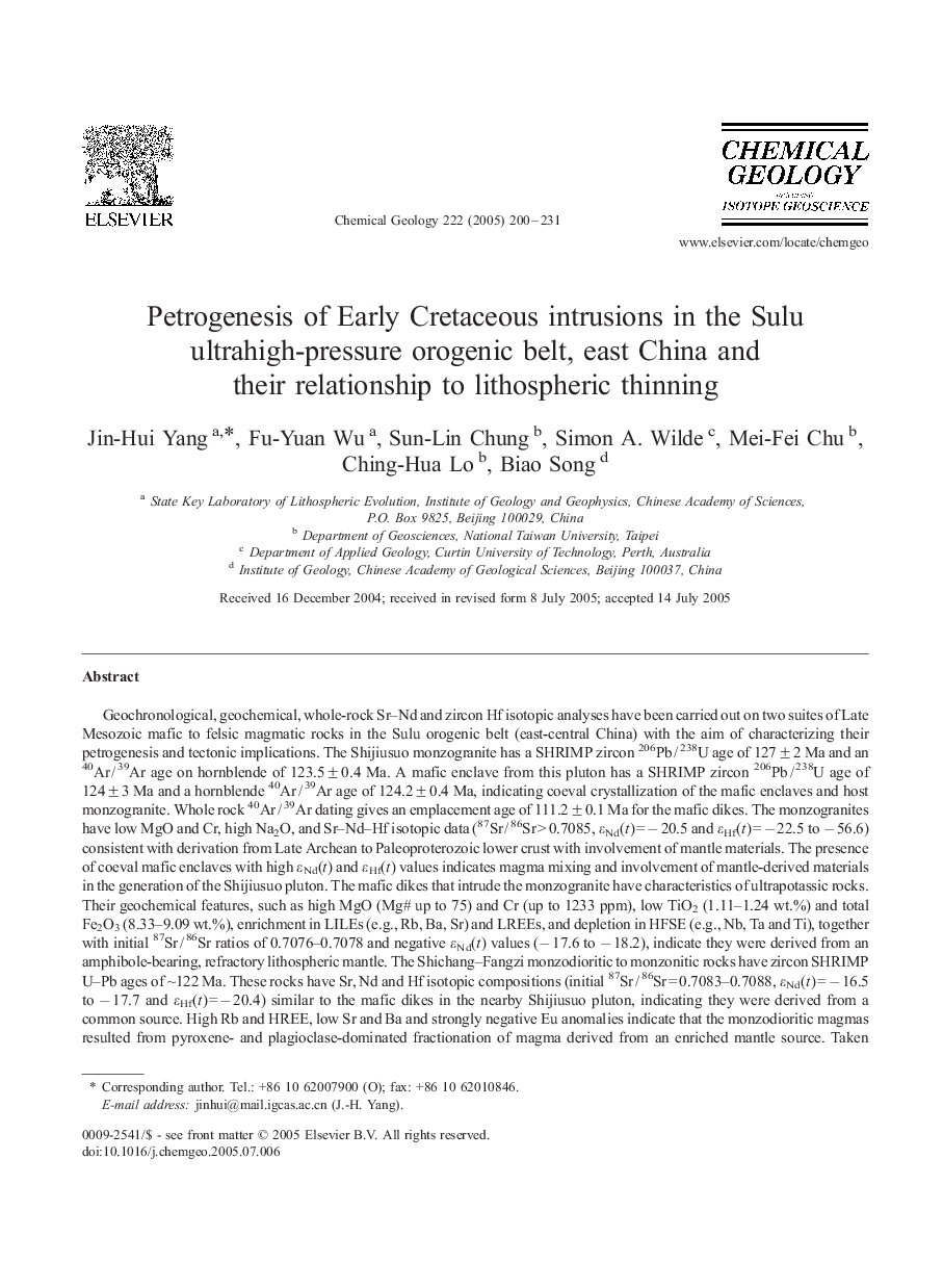 Petrogenesis of Early Cretaceous intrusions in the Sulu ultrahigh-pressure orogenic belt, east China and their relationship to lithospheric thinning