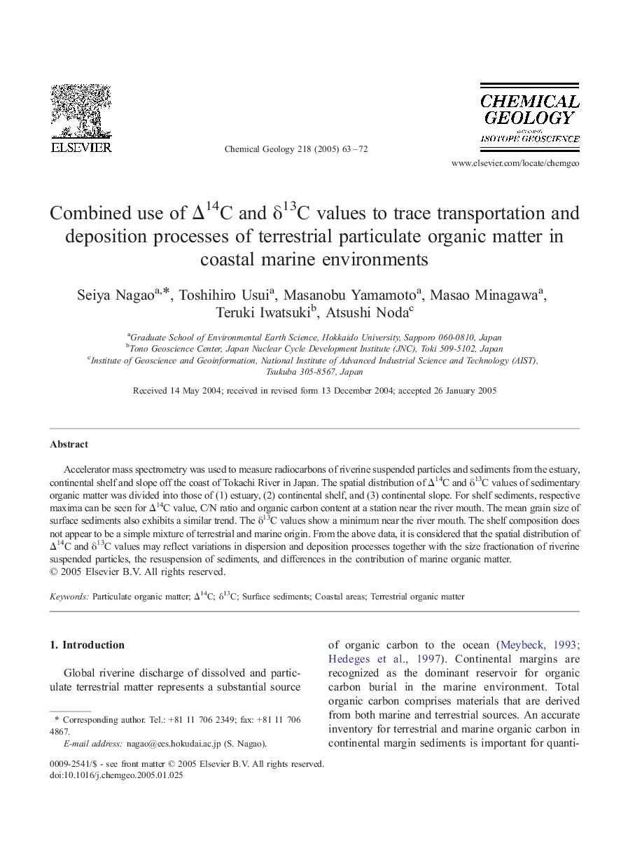 Combined use of Î14C and Î´13C values to trace transportation and deposition processes of terrestrial particulate organic matter in coastal marine environments