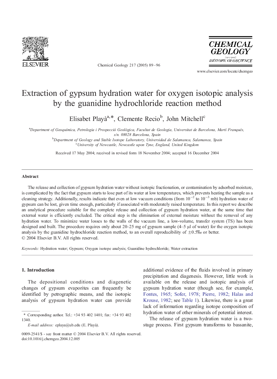 Extraction of gypsum hydration water for oxygen isotopic analysis by the guanidine hydrochloride reaction method