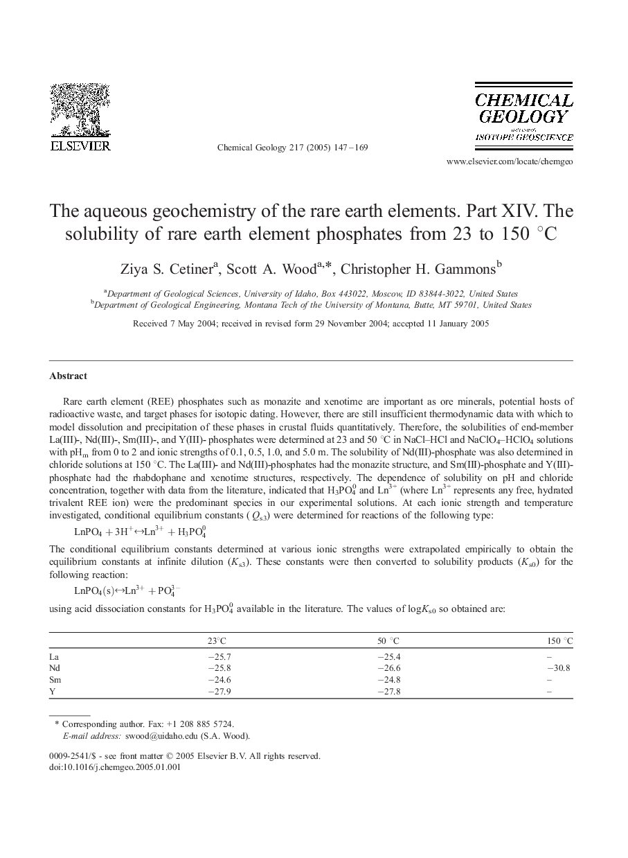 The aqueous geochemistry of the rare earth elements. Part XIV. The solubility of rare earth element phosphates from 23 to 150 Â°C