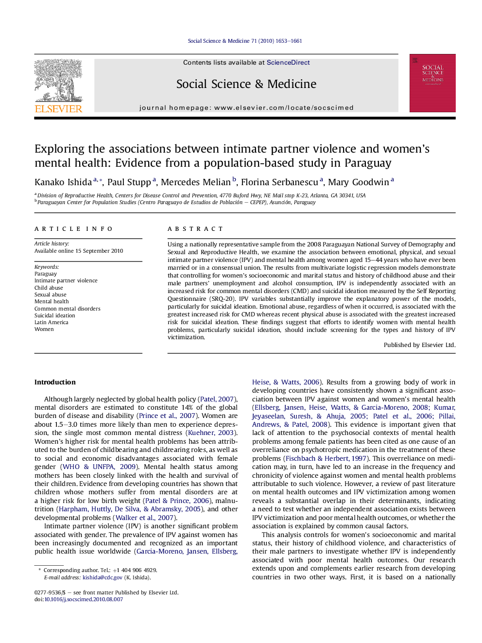 Exploring the associations between intimate partner violence and women’s mental health: Evidence from a population-based study in Paraguay