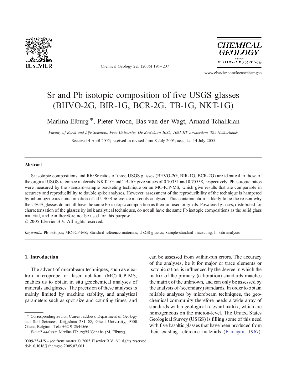 Sr and Pb isotopic composition of five USGS glasses (BHVO-2G, BIR-1G, BCR-2G, TB-1G, NKT-1G)