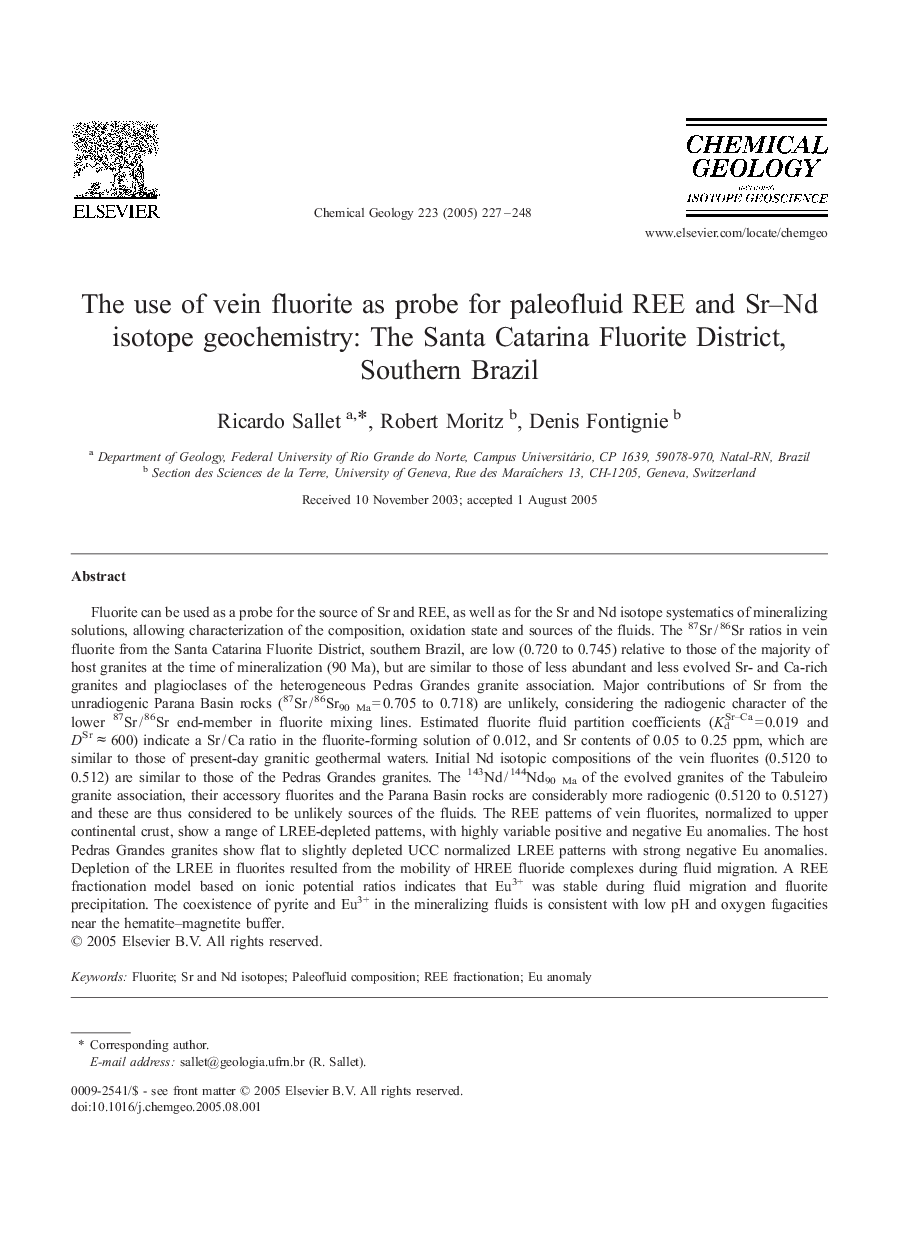 The use of vein fluorite as probe for paleofluid REE and Sr-Nd isotope geochemistry: The Santa Catarina Fluorite District, Southern Brazil