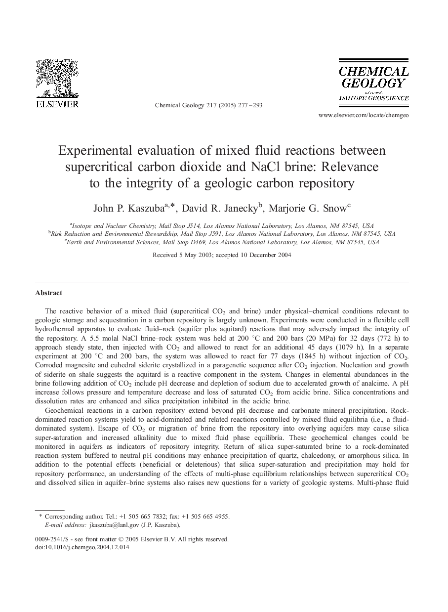 Experimental evaluation of mixed fluid reactions between supercritical carbon dioxide and NaCl brine: Relevance to the integrity of a geologic carbon repository