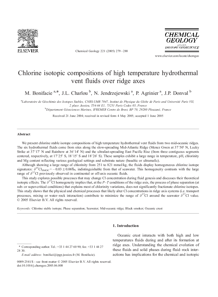 Chlorine isotopic compositions of high temperature hydrothermal vent fluids over ridge axes