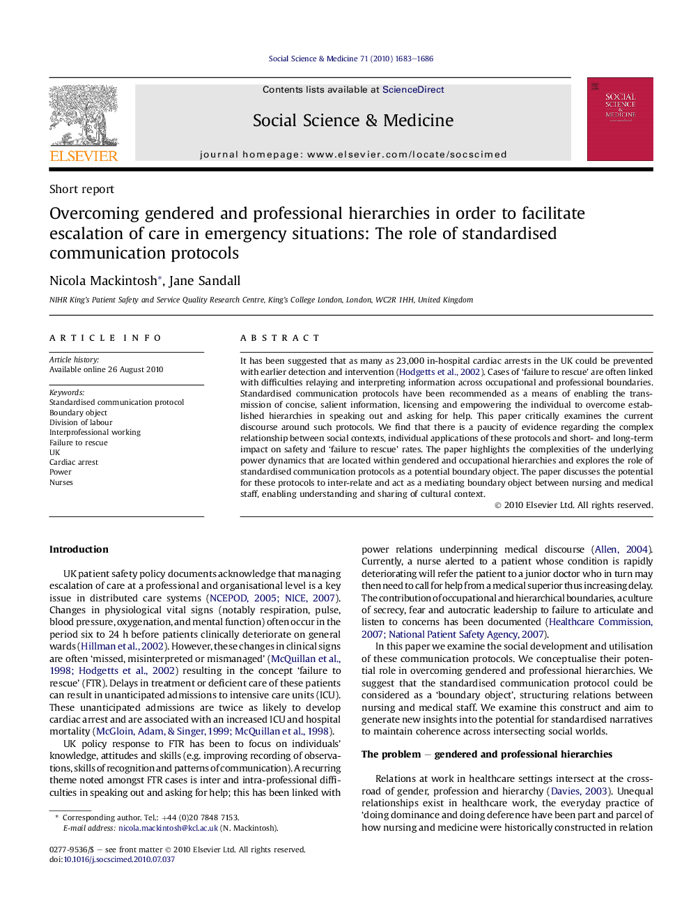 Overcoming gendered and professional hierarchies in order to facilitate escalation of care in emergency situations: The role of standardised communication protocols