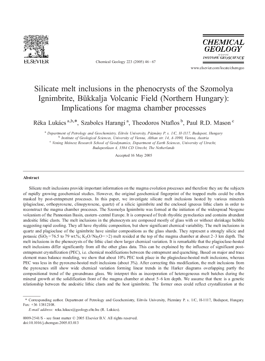 Silicate melt inclusions in the phenocrysts of the Szomolya Ignimbrite, Bükkalja Volcanic Field (Northern Hungary): Implications for magma chamber processes