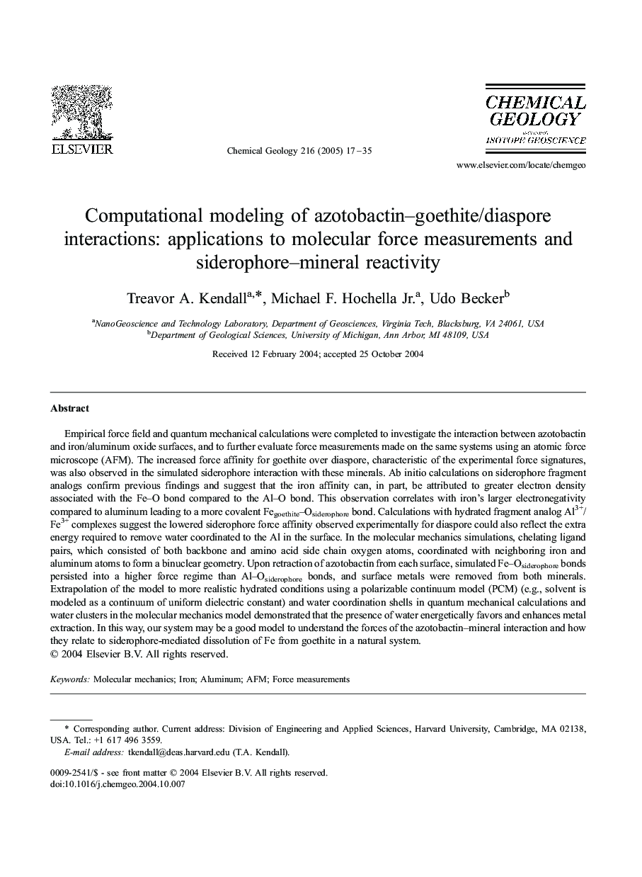 Computational modeling of azotobactin-goethite/diaspore interactions: applications to molecular force measurements and siderophore-mineral reactivity