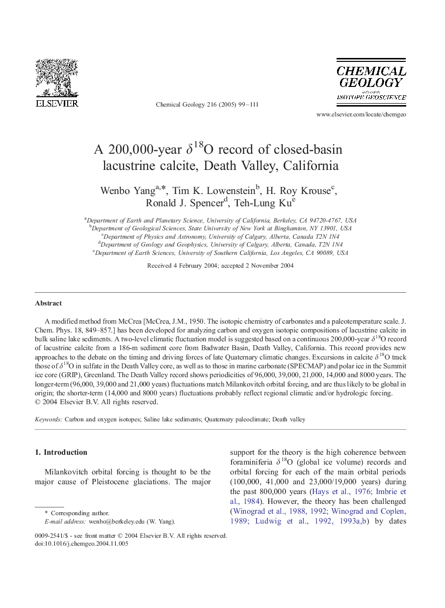 A 200,000-year Î´18O record of closed-basin lacustrine calcite, Death Valley, California