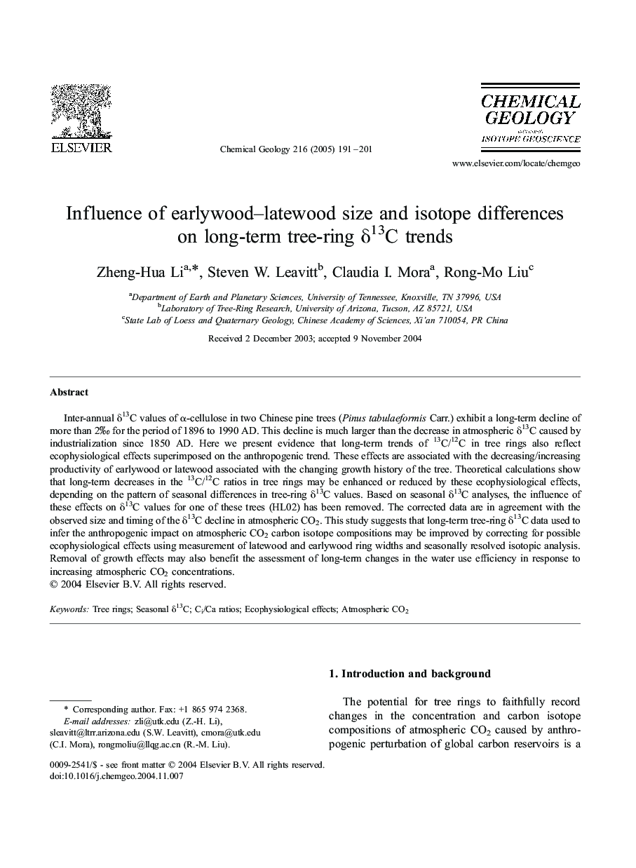 Influence of earlywood-latewood size and isotope differences on long-term tree-ring Î´13C trends