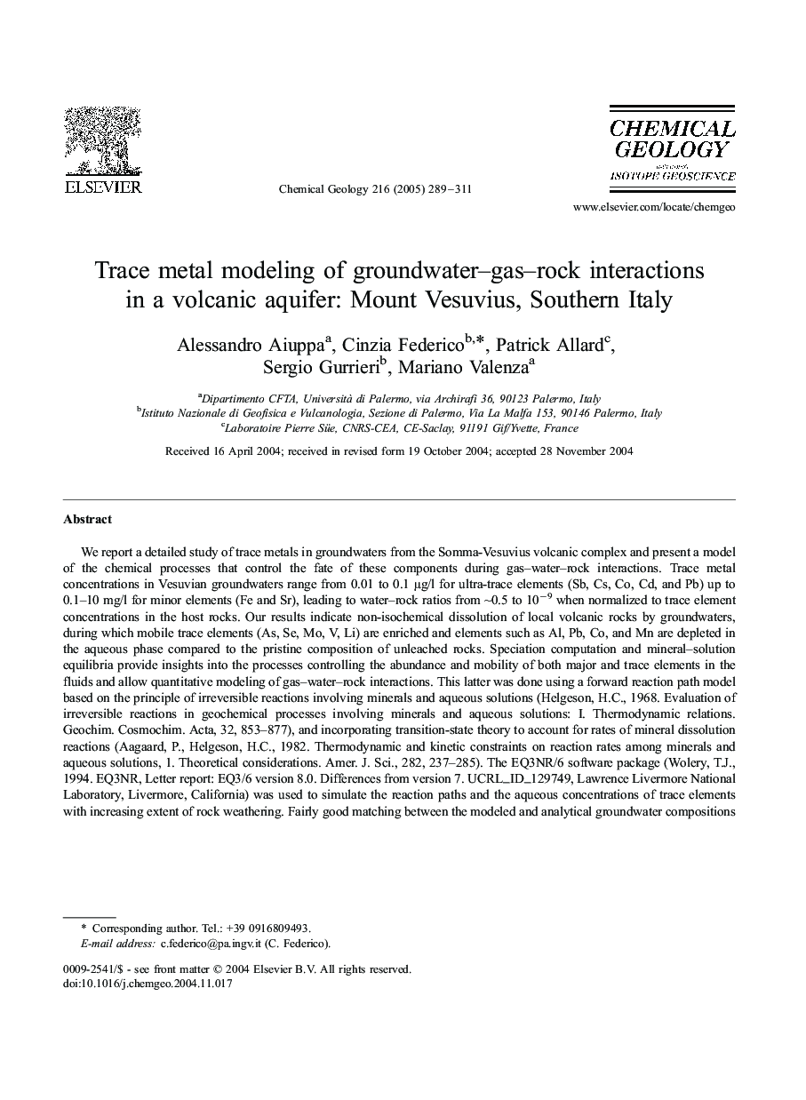 Trace metal modeling of groundwater-gas-rock interactions in a volcanic aquifer: Mount Vesuvius, Southern Italy