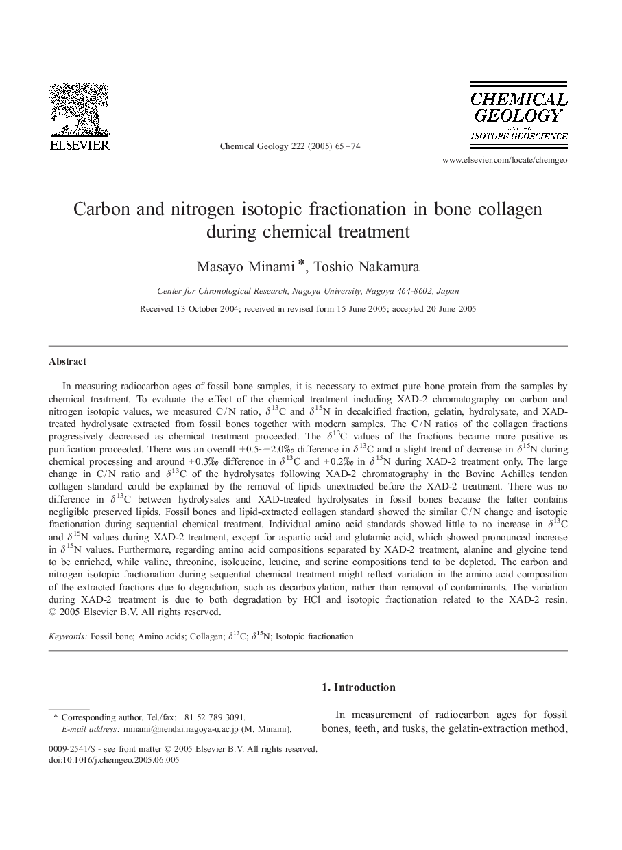 Carbon and nitrogen isotopic fractionation in bone collagen during chemical treatment