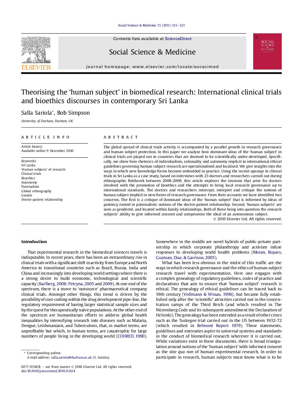 Theorising the ‘human subject’ in biomedical research: International clinical trials and bioethics discourses in contemporary Sri Lanka