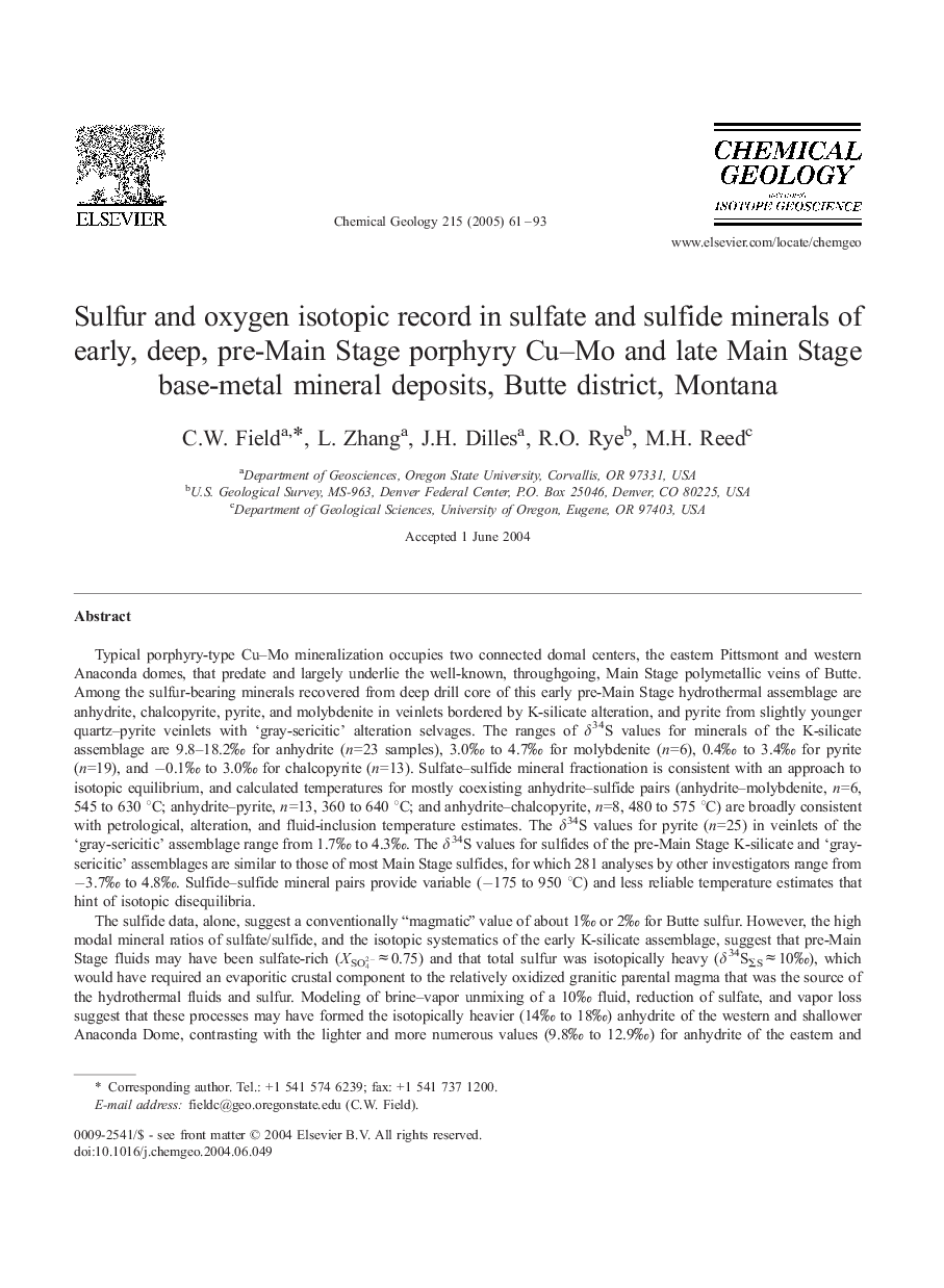 Sulfur and oxygen isotopic record in sulfate and sulfide minerals of early, deep, pre-Main Stage porphyry Cu-Mo and late Main Stage base-metal mineral deposits, Butte district, Montana