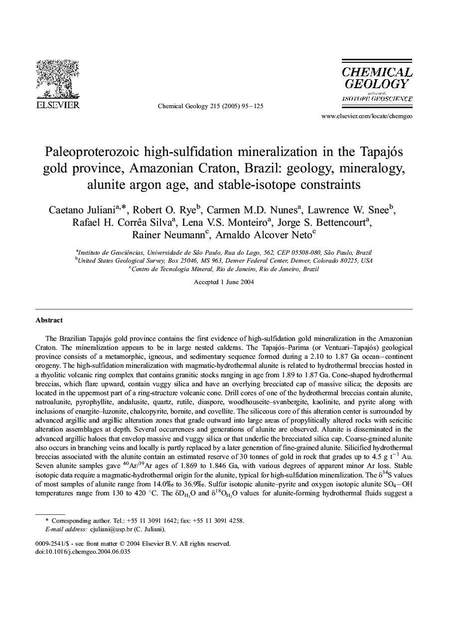 Paleoproterozoic high-sulfidation mineralization in the Tapajós gold province, Amazonian Craton, Brazil: geology, mineralogy, alunite argon age, and stable-isotope constraints