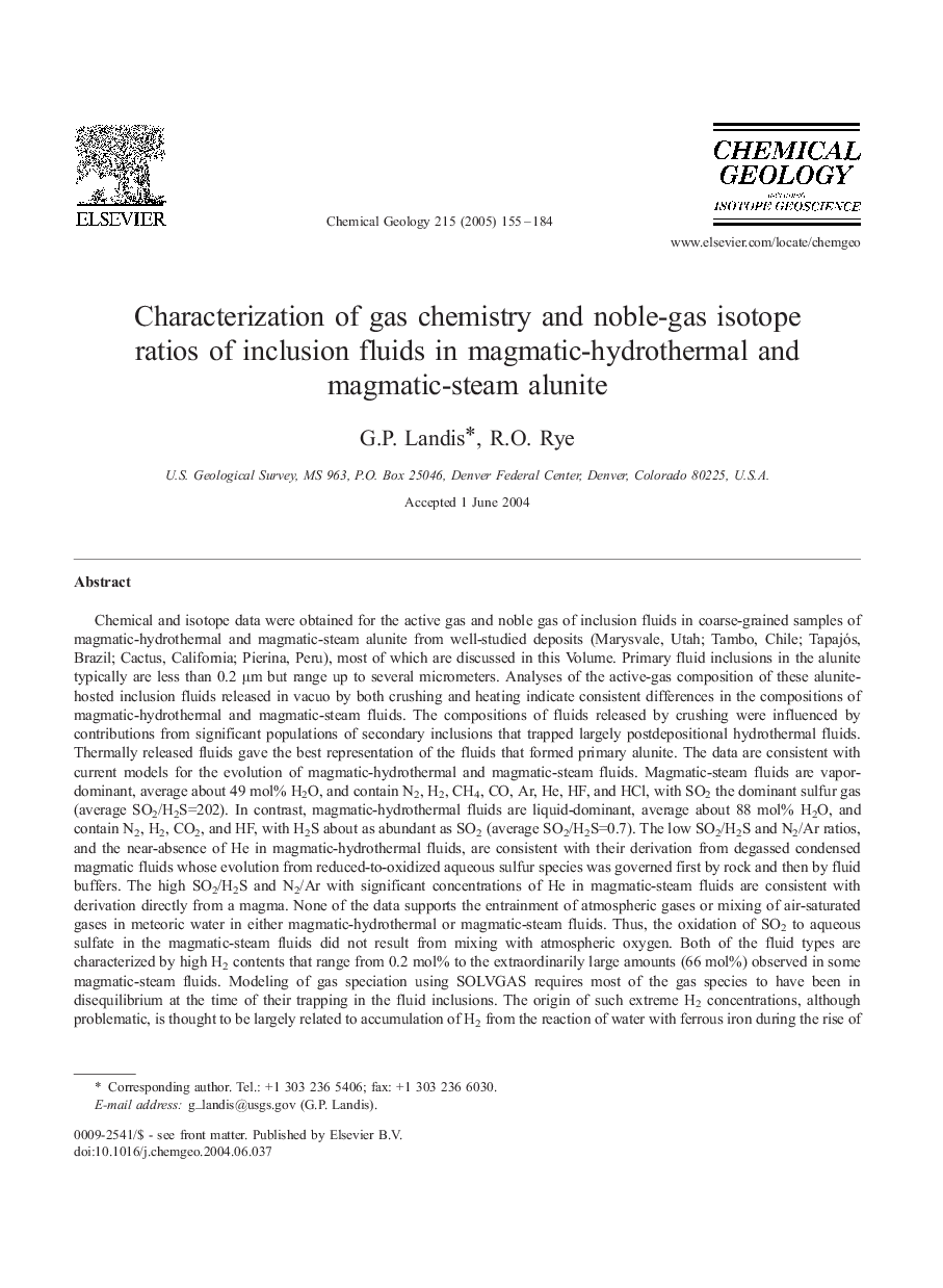 Characterization of gas chemistry and noble-gas isotope ratios of inclusion fluids in magmatic-hydrothermal and magmatic-steam alunite