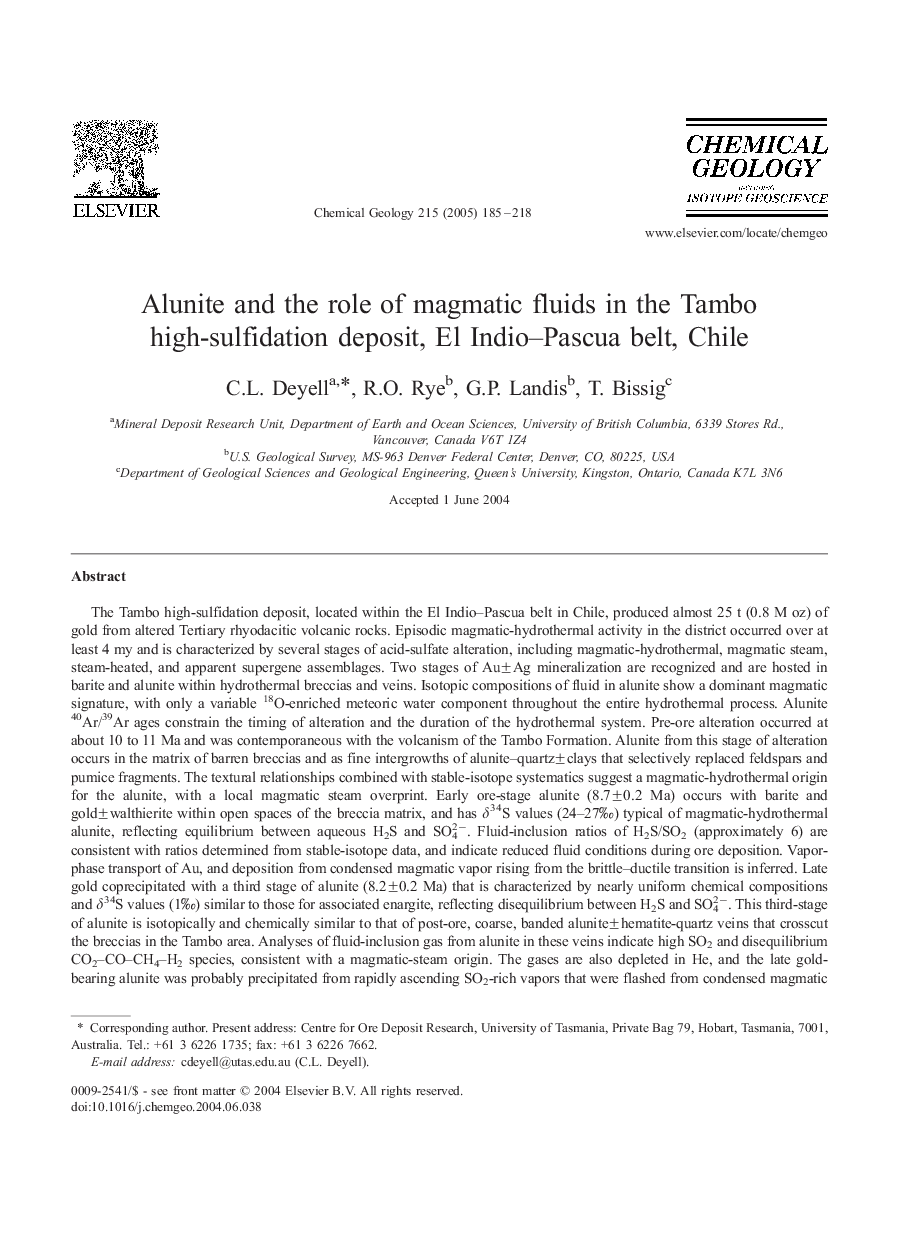 Alunite and the role of magmatic fluids in the Tambo high-sulfidation deposit, El Indio-Pascua belt, Chile