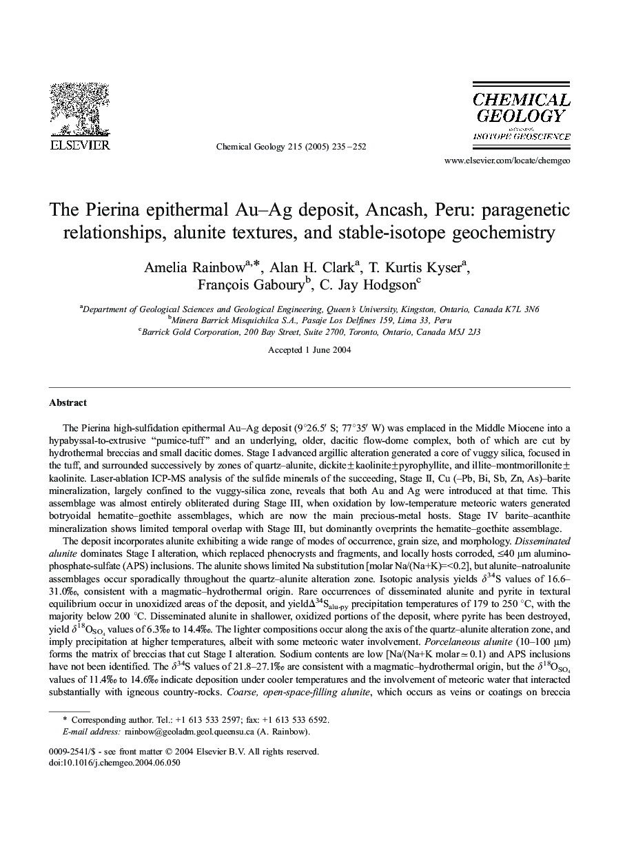 عکس صفحه اول مقاله: The Pierina epithermal Au-Ag deposit, Ancash, Peru: paragenetic relationships, alunite textures, and stable-isotope geochemistry The Pierina epithermal Au-Ag deposit, Ancash, Peru: paragenetic relationships, alunite textures, and stable-isotope geochemistry