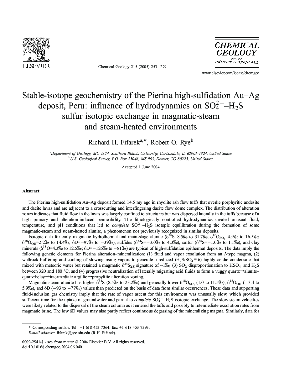 Stable-isotope geochemistry of the Pierina high-sulfidation Au-Ag deposit, Peru: influence of hydrodynamics on SO42ââH2S sulfur isotopic exchange in magmatic-steam and steam-heated environments
