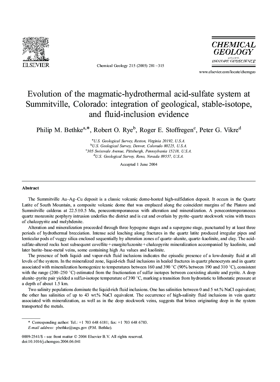 Evolution of the magmatic-hydrothermal acid-sulfate system at Summitville, Colorado: integration of geological, stable-isotope, and fluid-inclusion evidence