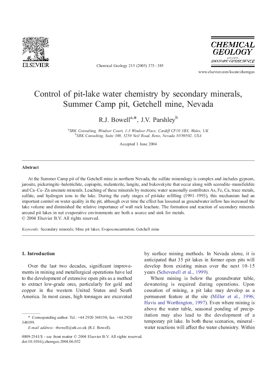 عکس صفحه اول مقاله: Control of pit-lake water chemistry by secondary minerals, Summer Camp pit, Getchell mine, Nevada Control of pit-lake water chemistry by secondary minerals, Summer Camp pit, Getchell mine, Nevada