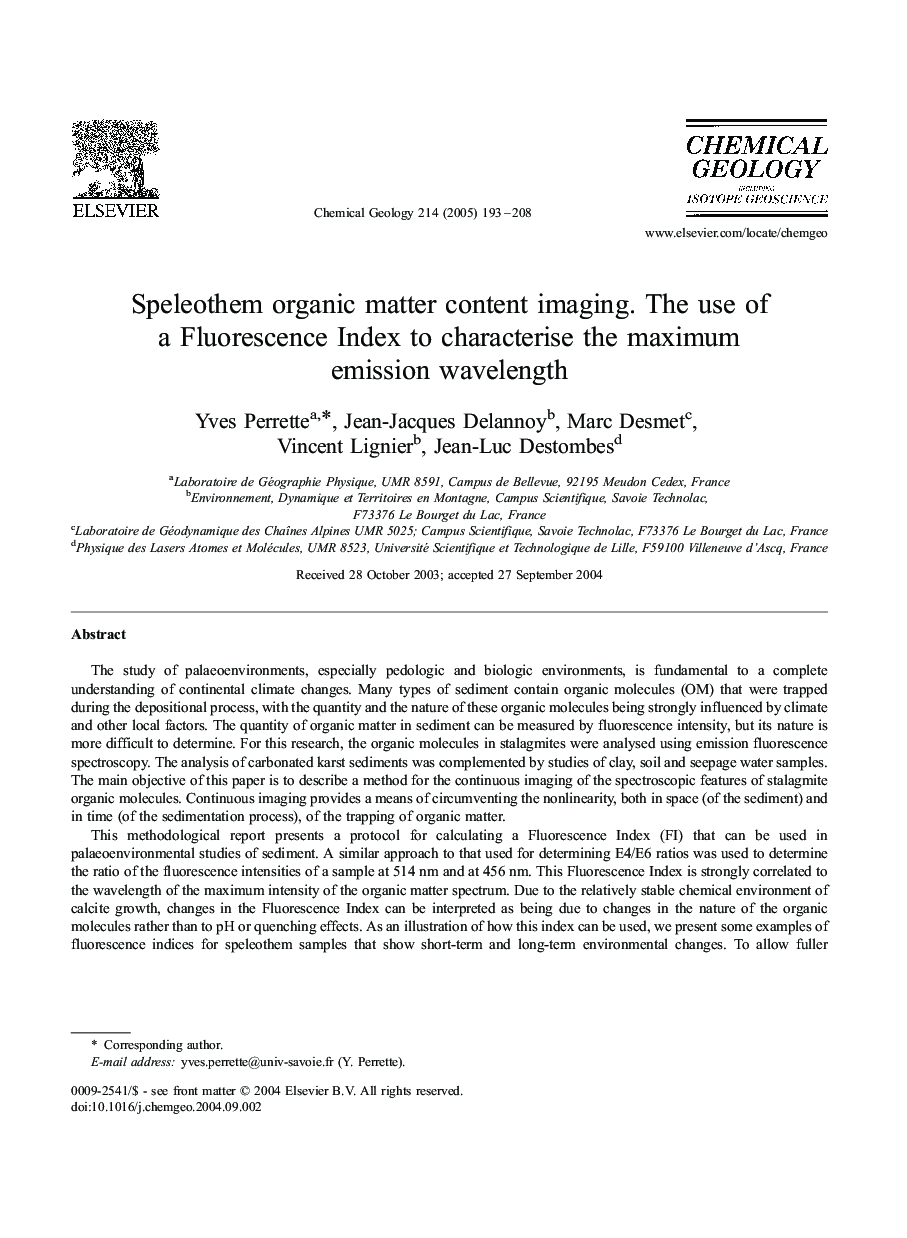 Speleothem organic matter content imaging. The use of a Fluorescence Index to characterise the maximum emission wavelength