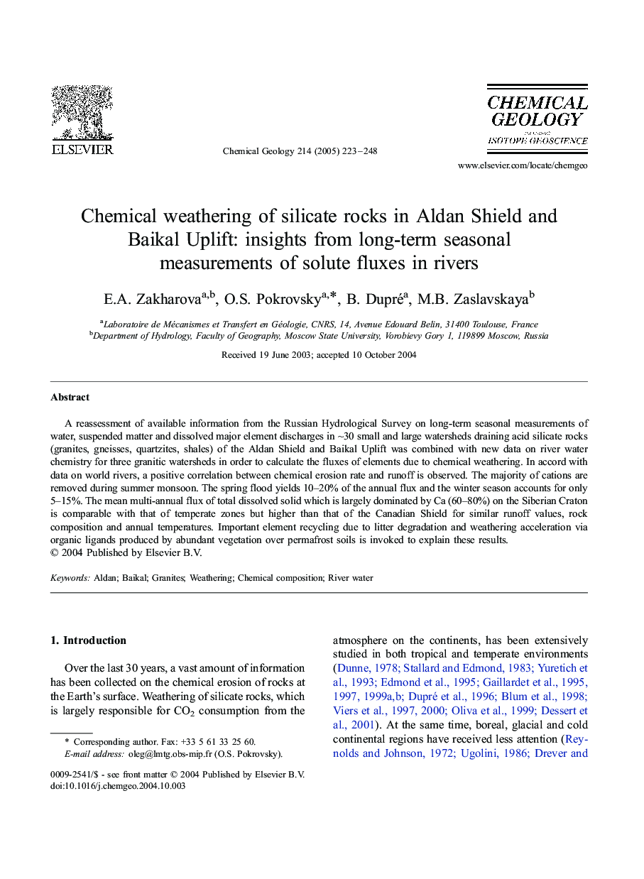 Chemical weathering of silicate rocks in Aldan Shield and Baikal Uplift: insights from long-term seasonal measurements of solute fluxes in rivers