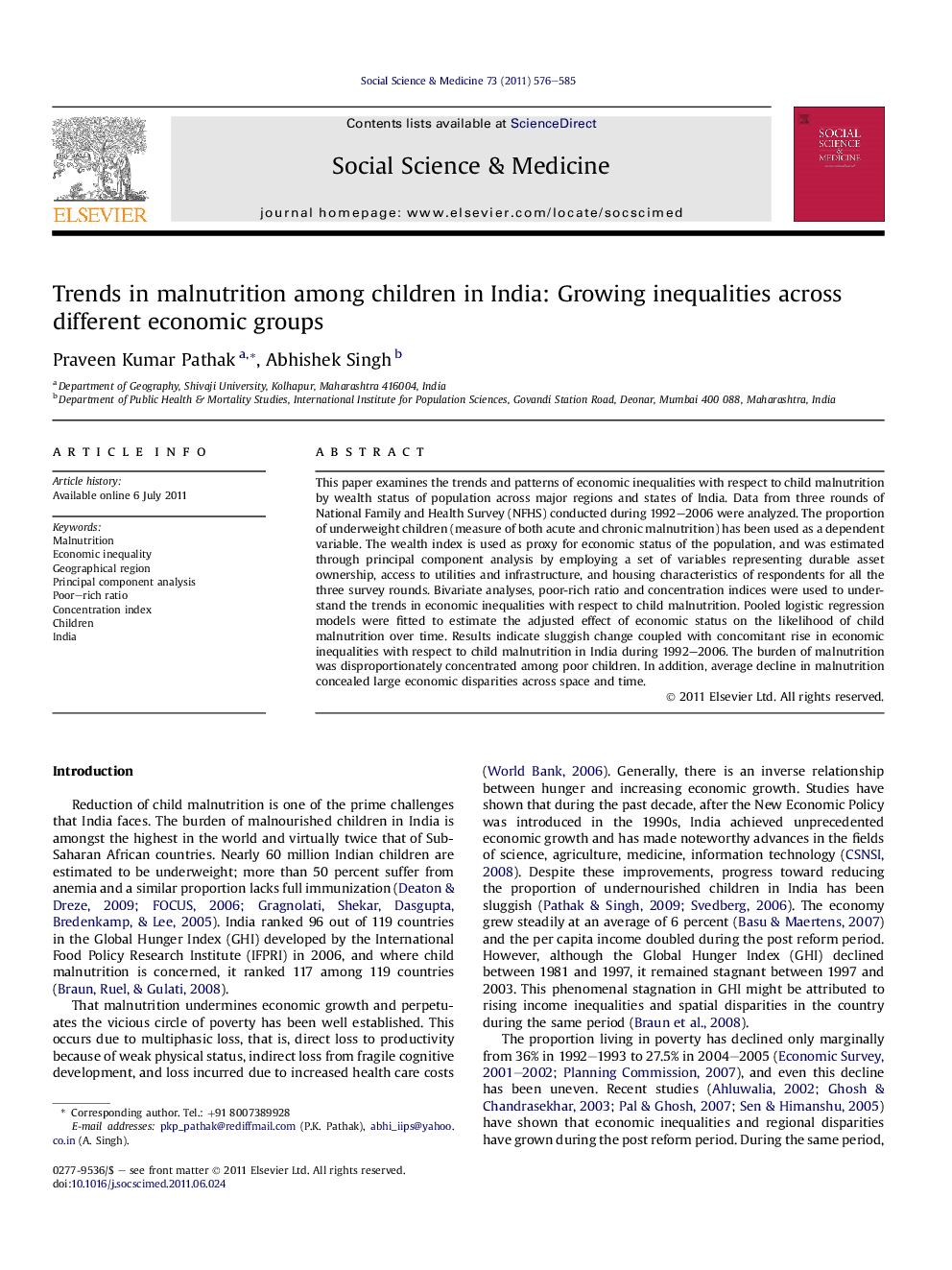 Trends in malnutrition among children in India: Growing inequalities across different economic groups