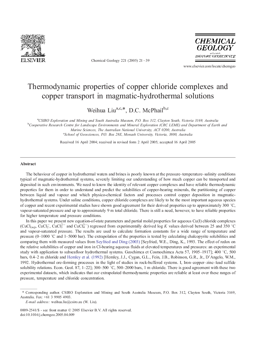 Thermodynamic properties of copper chloride complexes and copper transport in magmatic-hydrothermal solutions