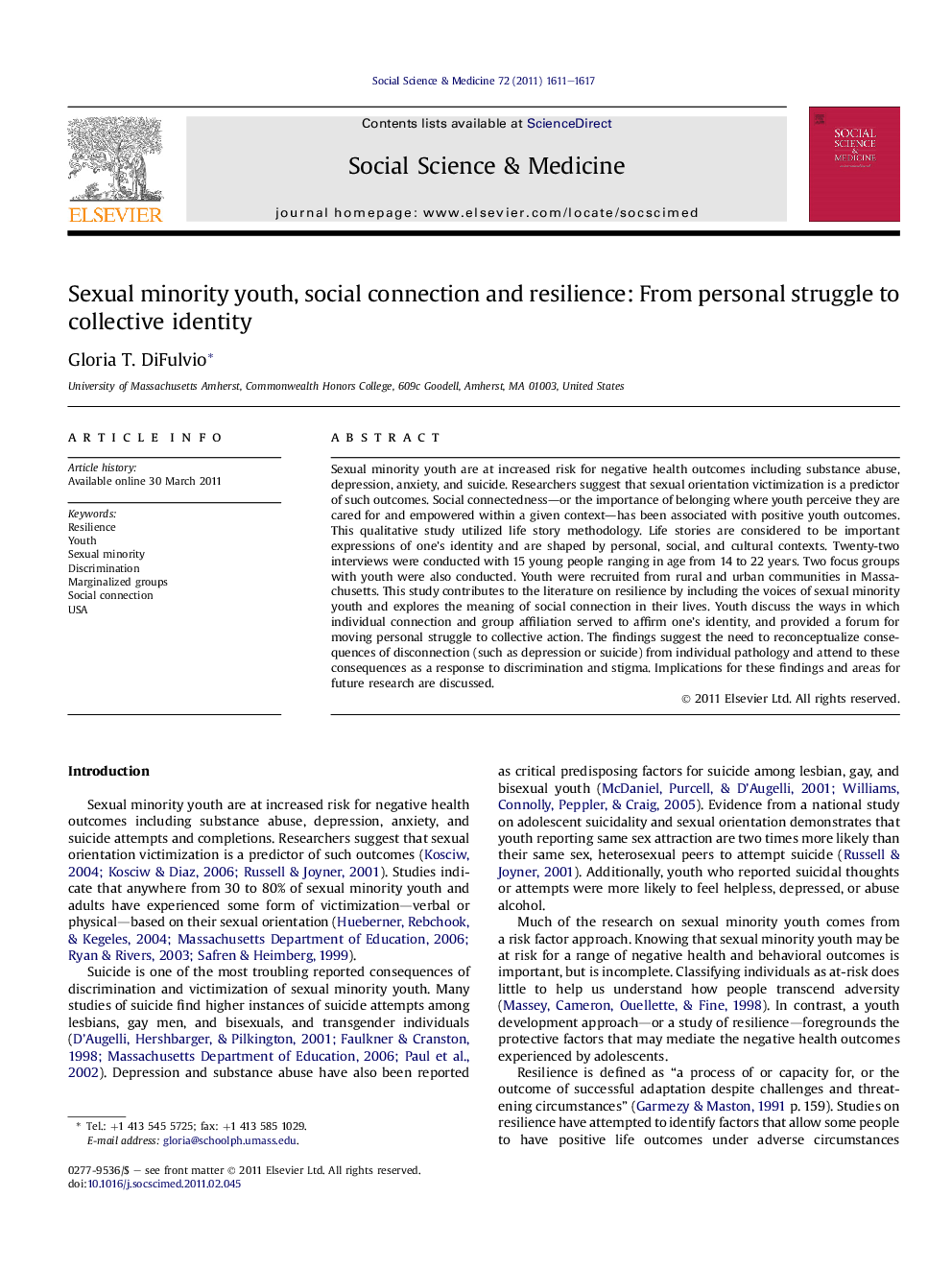 Sexual minority youth, social connection and resilience: From personal struggle to collective identity