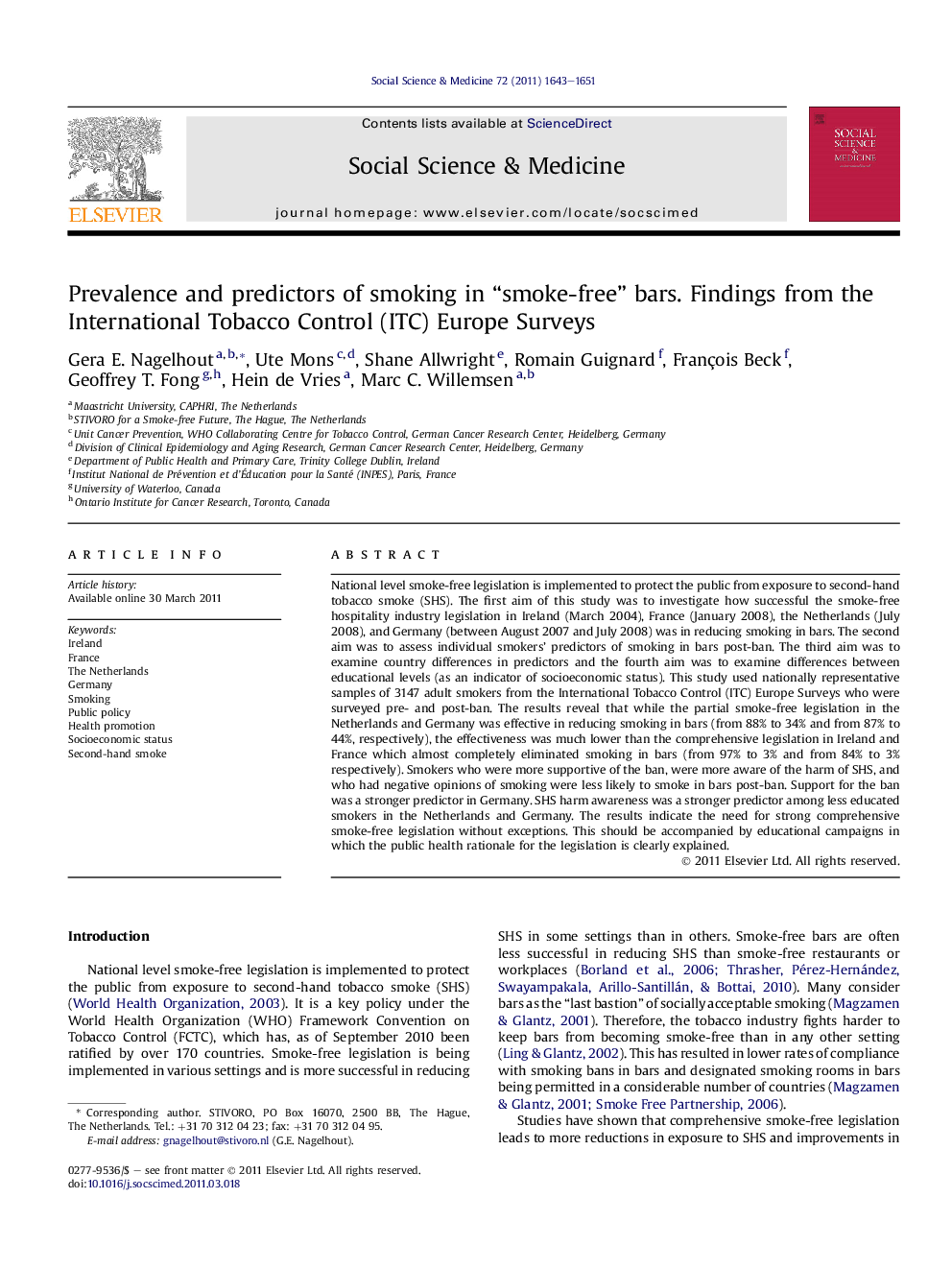 Prevalence and predictors of smoking in “smoke-free” bars. Findings from the International Tobacco Control (ITC) Europe Surveys