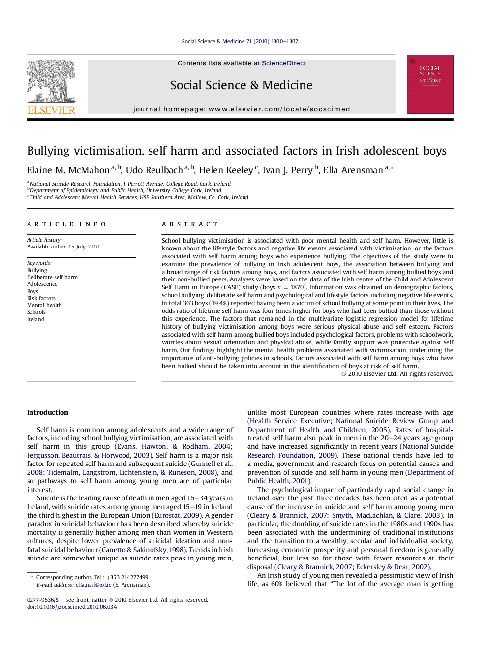 Bullying victimisation, self harm and associated factors in Irish adolescent boys