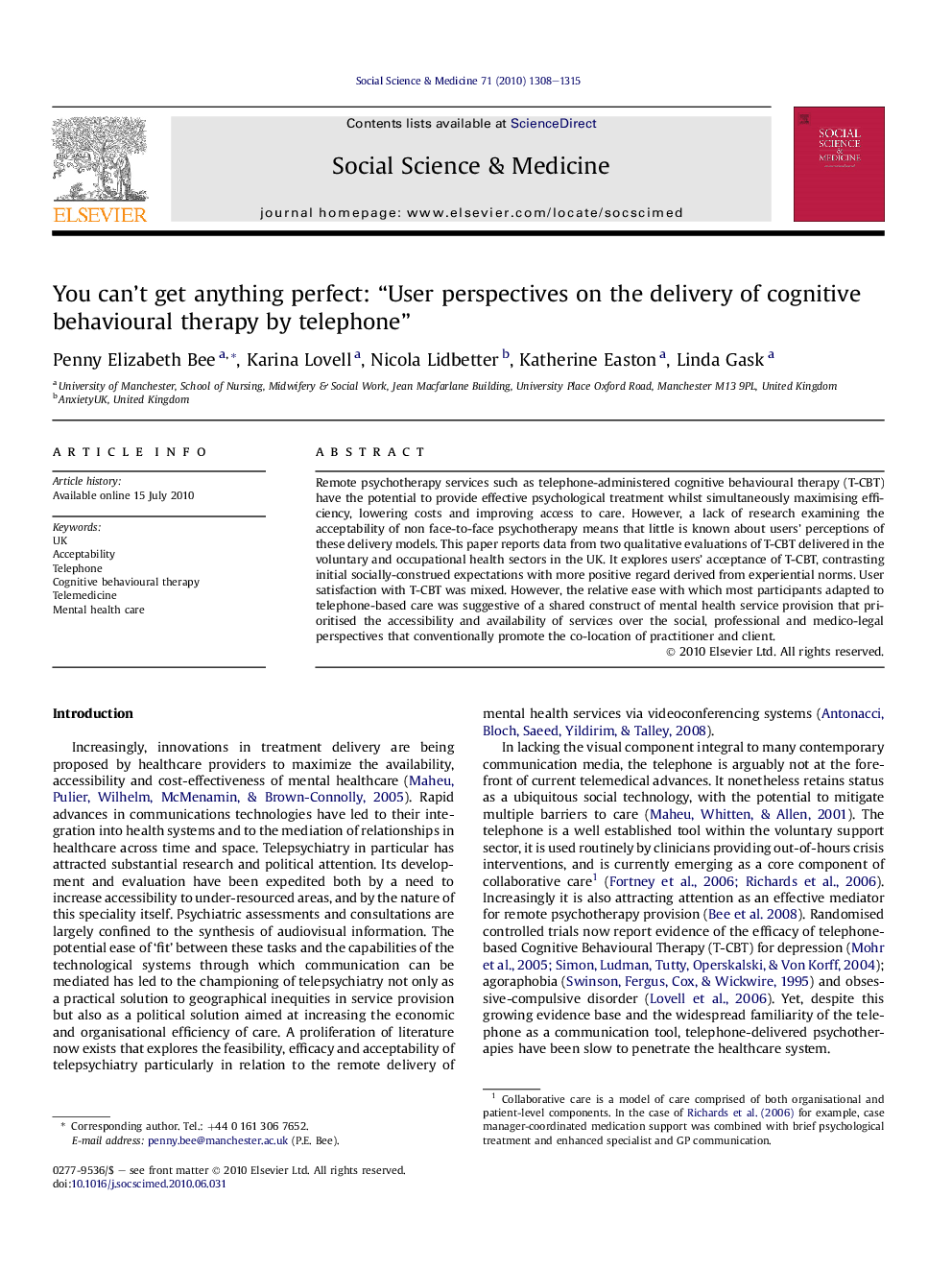 You can’t get anything perfect: “User perspectives on the delivery of cognitive behavioural therapy by telephone”