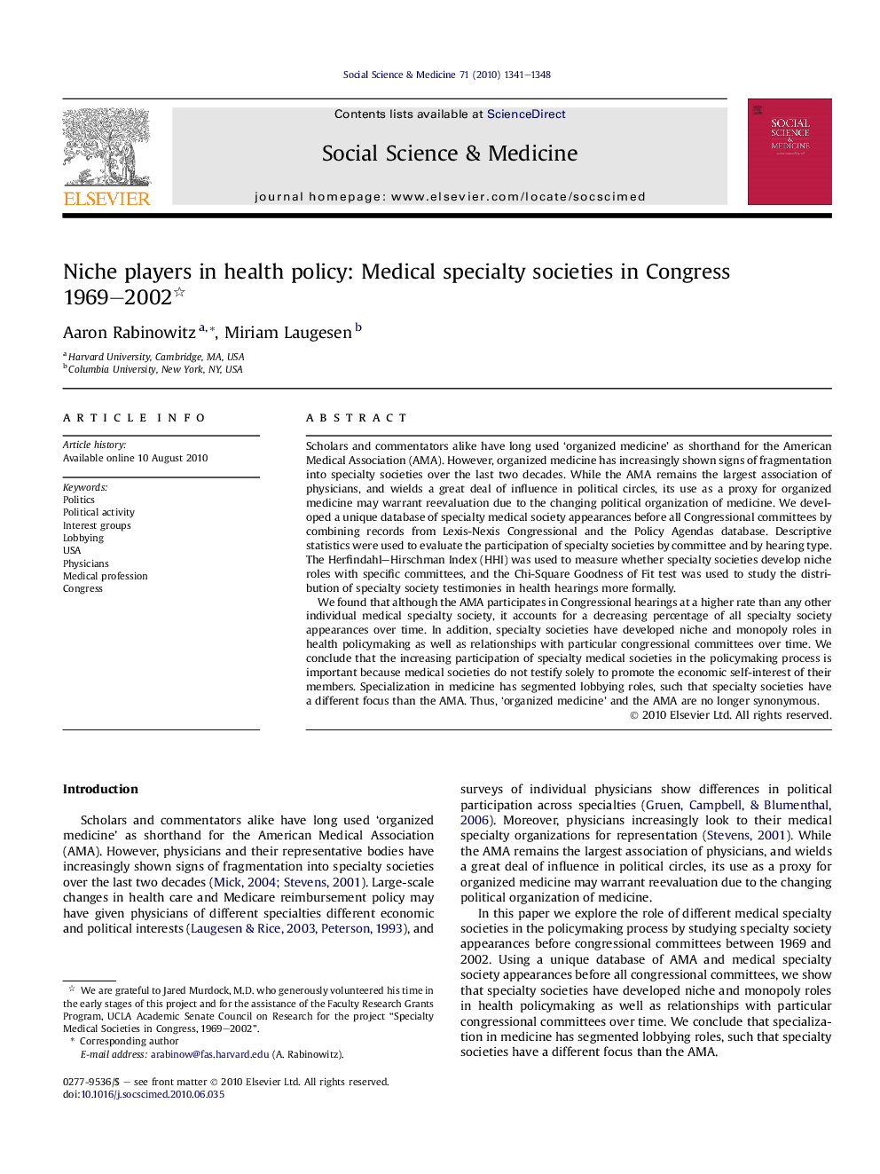 Niche players in health policy: Medical specialty societies in Congress 1969–2002 