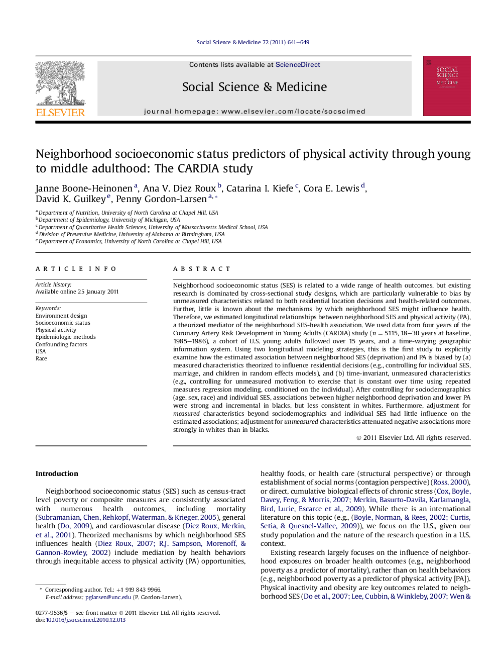 Neighborhood socioeconomic status predictors of physical activity through young to middle adulthood: The CARDIA study