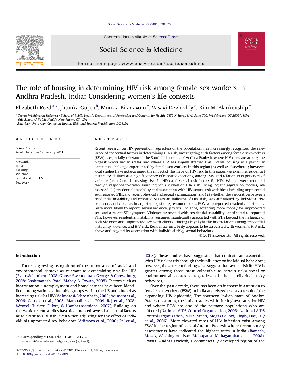 The role of housing in determining HIV risk among female sex workers in Andhra Pradesh, India: Considering women’s life contexts