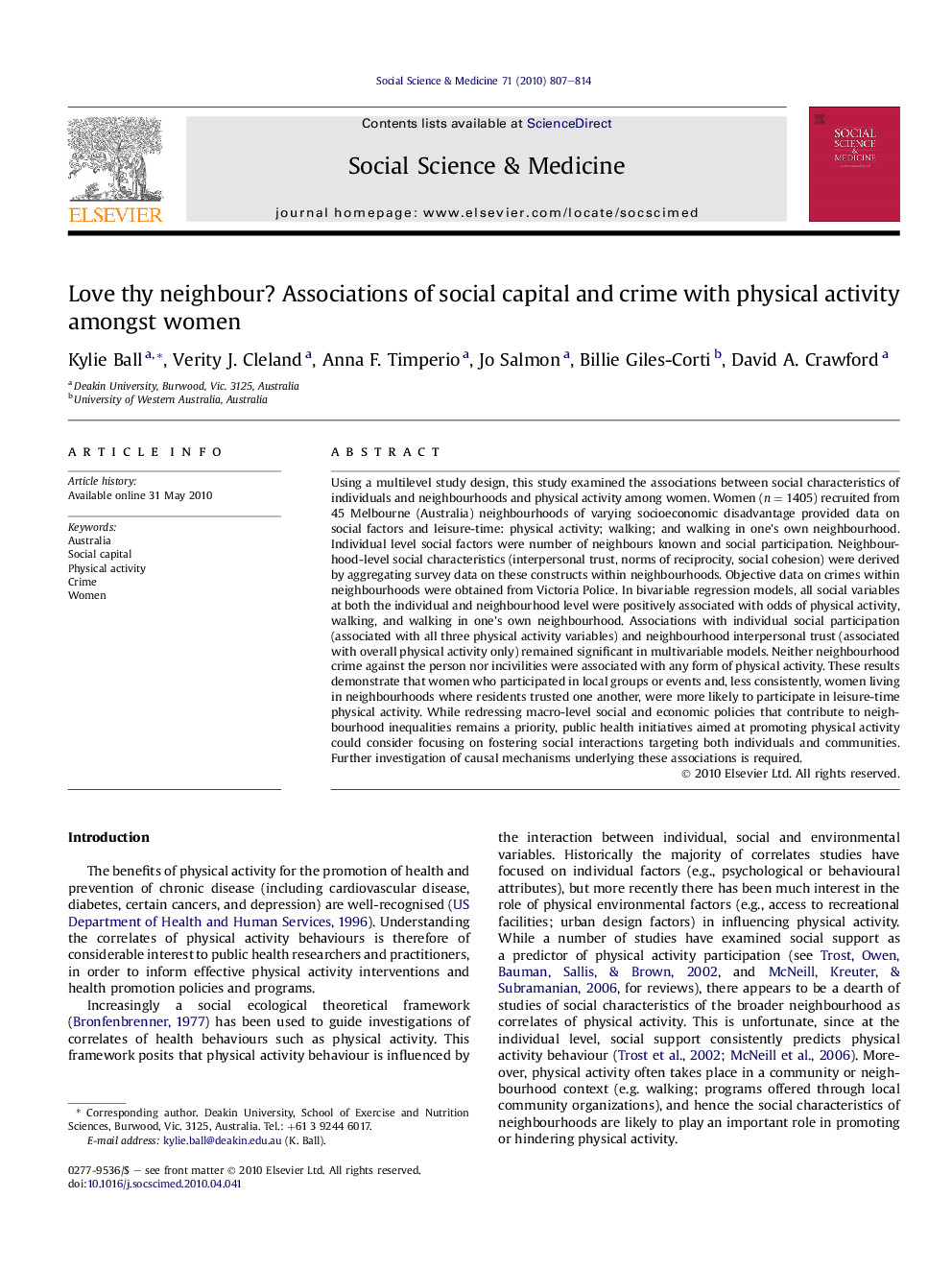 Love thy neighbour? Associations of social capital and crime with physical activity amongst women