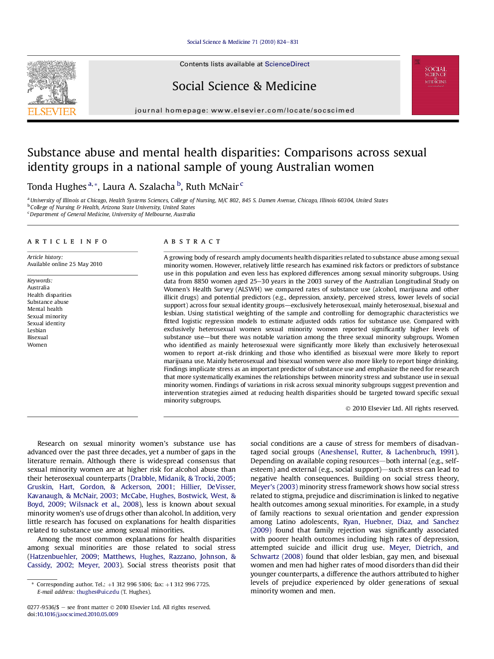 Substance abuse and mental health disparities: Comparisons across sexual identity groups in a national sample of young Australian women