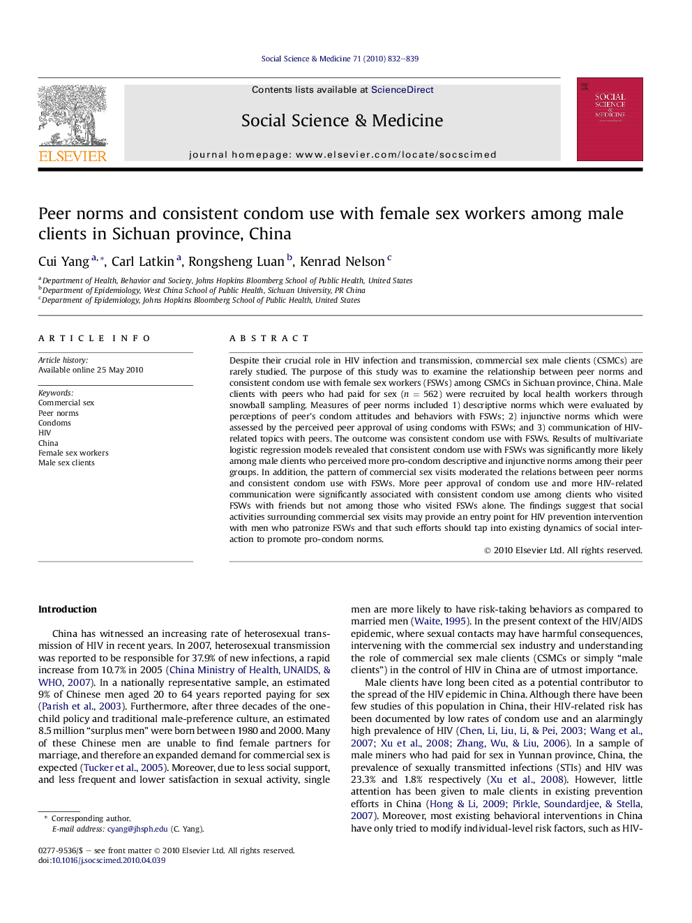 Peer norms and consistent condom use with female sex workers among male clients in Sichuan province, China