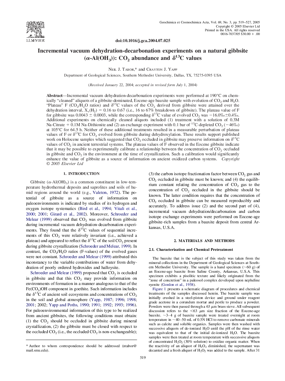 Incremental vacuum dehydration-decarbonation experiments on a natural gibbsite (Î±-Al(OH3)): CO2 abundance and Î´13C values