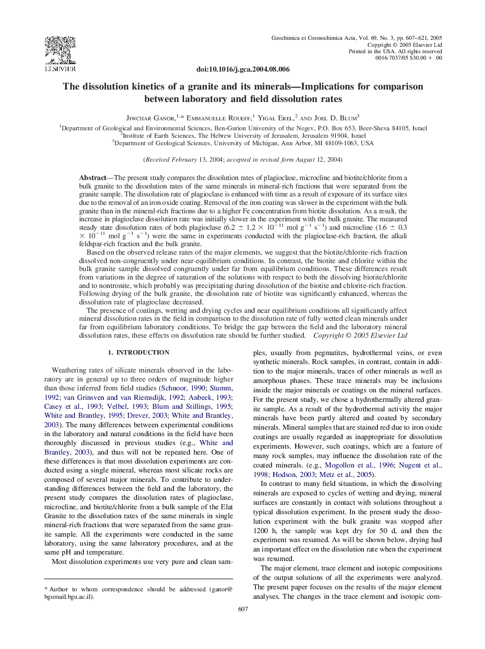 The dissolution kinetics of a granite and its minerals-Implications for comparison between laboratory and field dissolution rates
