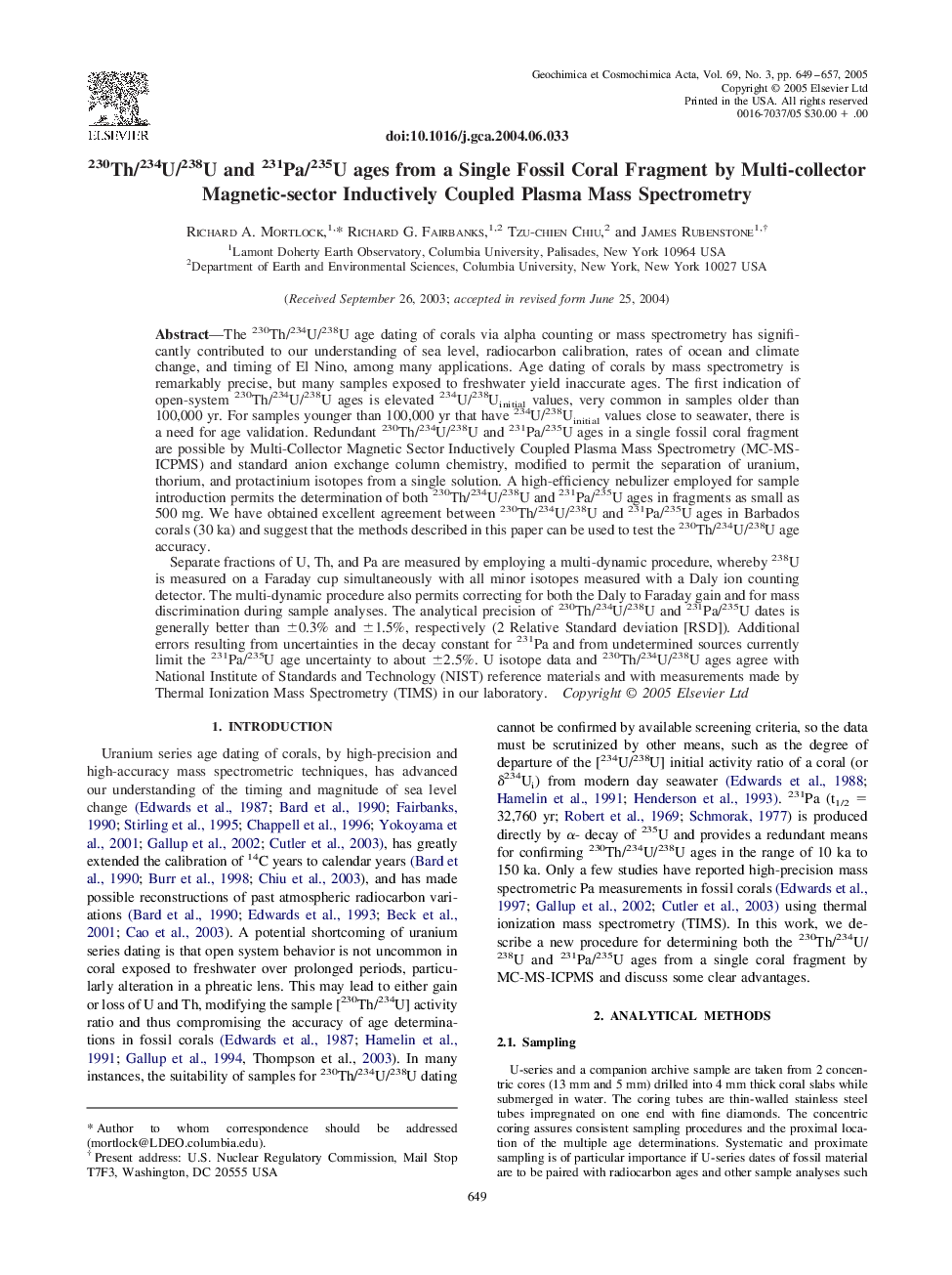 230Th/234U/238U and 231Pa/235U ages from a single fossil coral fragment by multi-collector magnetic-sector inductively coupled plasma mass spectrometry