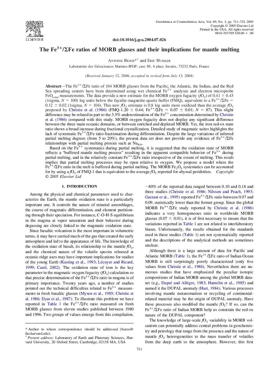 The Fe3+/Î£Fe ratios of MORB glasses and their implications for mantle melting