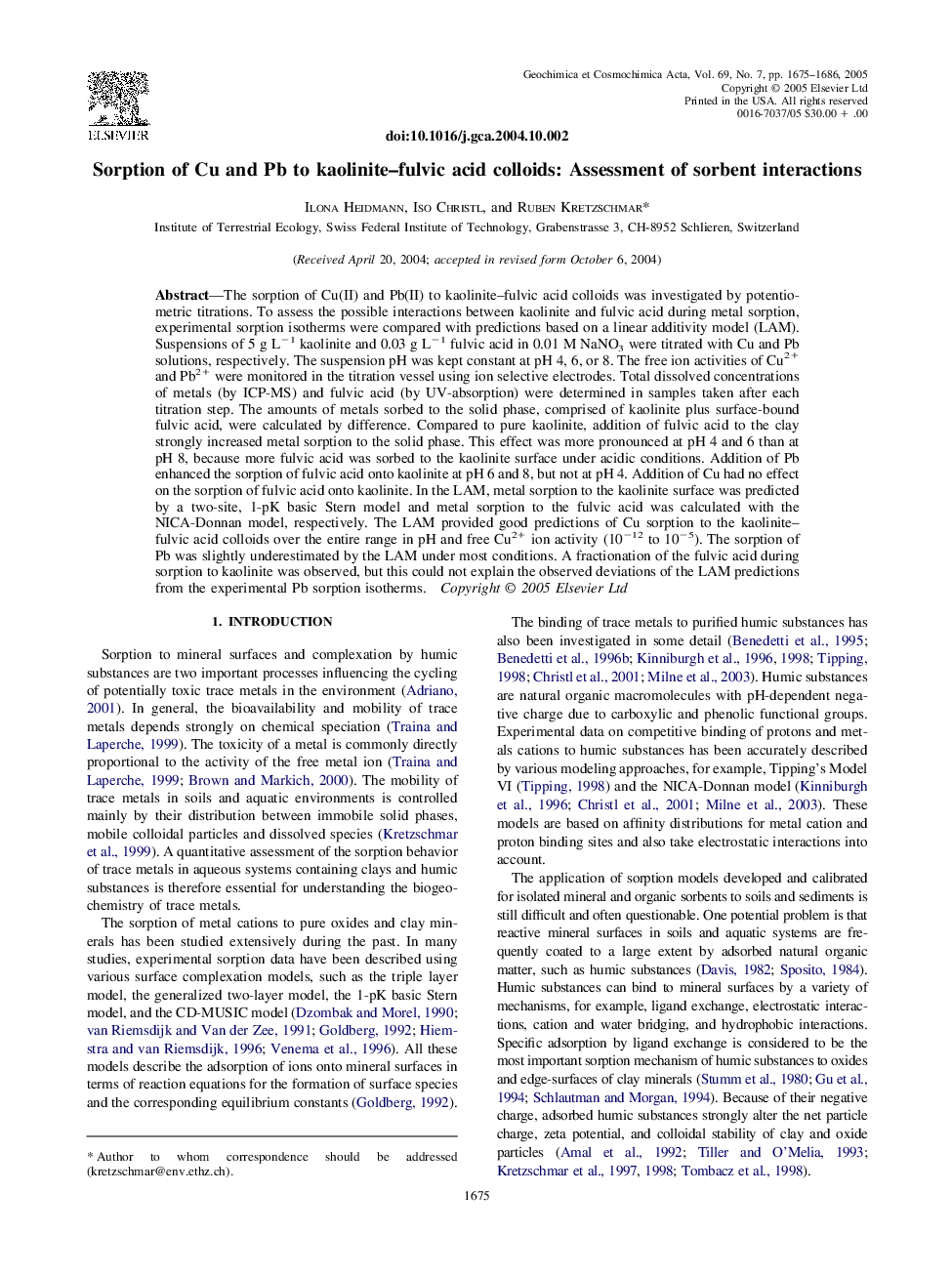 Sorption of Cu and Pb to kaolinite-fulvic acid colloids: Assessment of sorbent interactions
