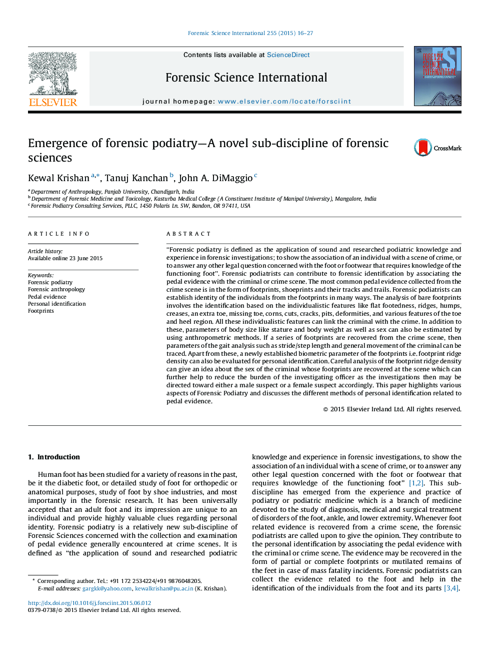 Emergence of forensic podiatry—A novel sub-discipline of forensic sciences