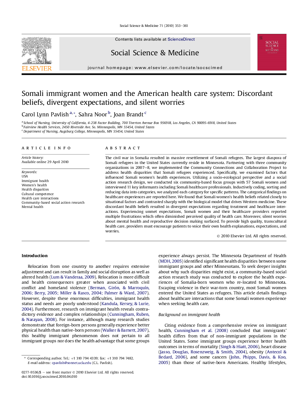 Somali immigrant women and the American health care system: Discordant beliefs, divergent expectations, and silent worries