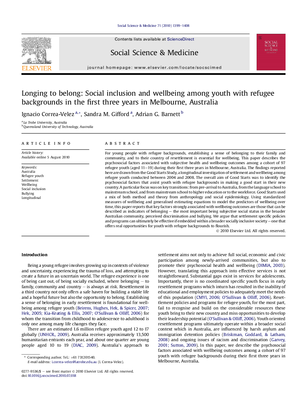 Longing to belong: Social inclusion and wellbeing among youth with refugee backgrounds in the first three years in Melbourne, Australia