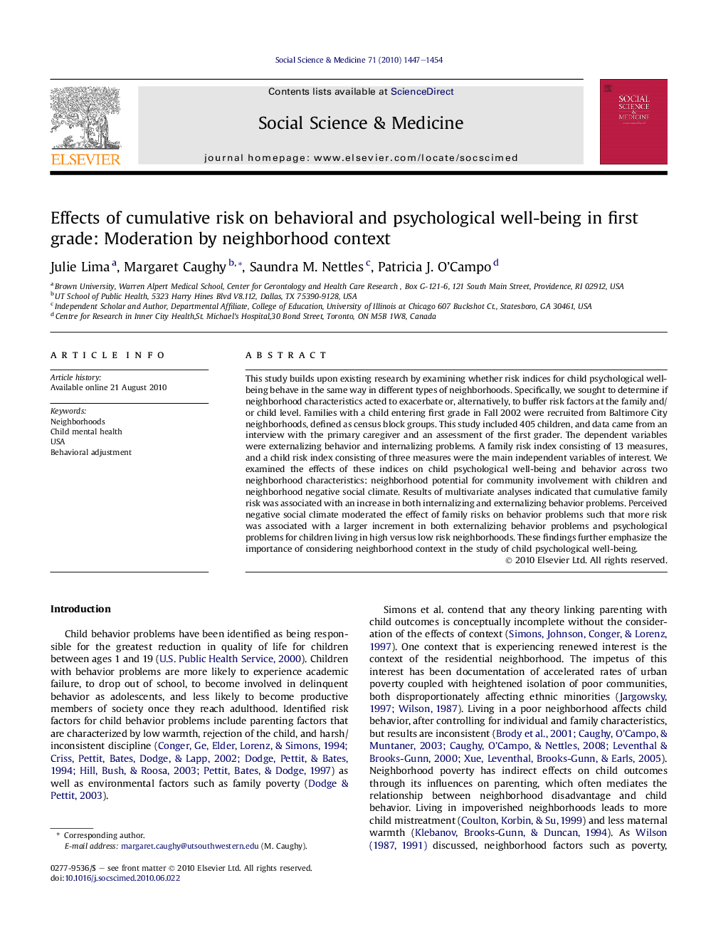 Effects of cumulative risk on behavioral and psychological well-being in first grade: Moderation by neighborhood context